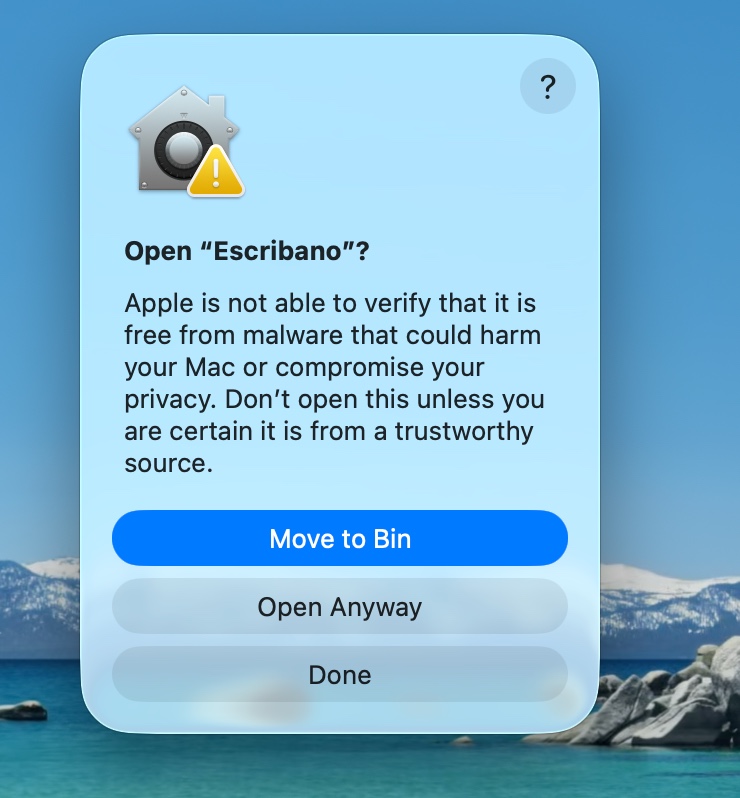 Confirmation dialog with Move to Bin as the blue default, then Open Anyway, then Done